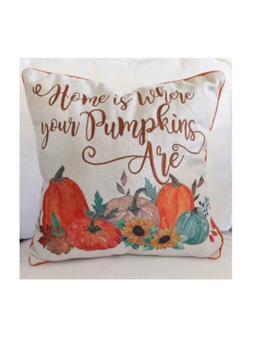 🍁Autumn Pumpkin Accent Pillow 16" Neutral w/Sunflowers & Orange & Teal Pumpkins